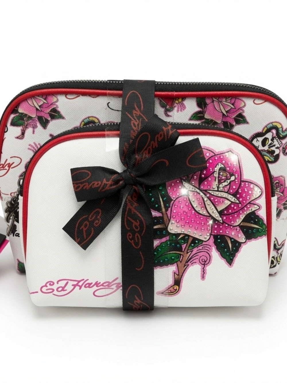 Ed Hardy White & Pink Rose Cosmetic Pouch Set